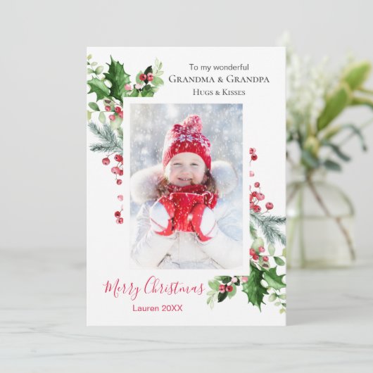 Grootouders Holly Berry Pine Feestdagenkaart (Staand voorkant)