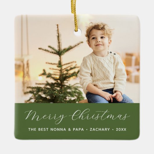 Grootouders Kalligrafie Vrolijk Kerstfeest Foto Keramisch Ornament (Voorkant)