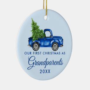 Grootouders kerstblauw vrachtwagen keramisch ornament