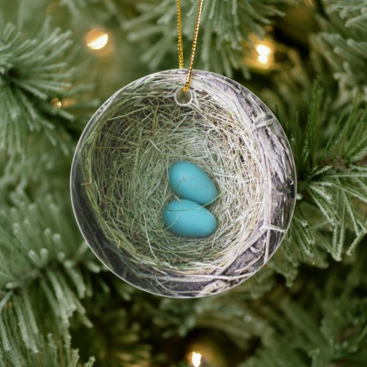 Grootouderse twee blauwe Robin's eieren in Nest Keramisch Ornament (Boom)