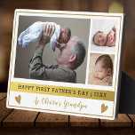 Grootpa First Vaderdag 3 Foto Collage Gold Fotoplaat<br><div class="desc">Een gedenkwaardig geschenk van 1 Vaderdag,  voor de nieuwe opa,  gepersonaliseerd met foto's van grootvader en groot kind.</div>