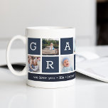 Grootpa Foto collage & Grandchildren Names Koffiemok<br><div class="desc">Creëer een lief stokje voor een geliefde grootvader deze Vaderdag of grootouderdag. Dit eenvoudige ontwerp is voorzien van zeven van uw favoriete foto's op het vierkant of Instagram, die in een collage-lay-out zijn geplaatst met afwisselende vierkantjes in blauw voor de marine en die de opa uitlijnen. Personaliseer met favoriete foto's...</div>
