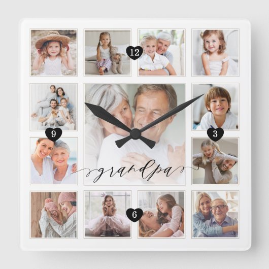 Grootpa Script Family Memory Photo Grid Collage Vierkante Klok (Voorkant)