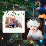 Grootpa's eerste kerstgebluste kerstpannen keramisch ornament<br><div class="desc">Opa's eerste Kerstmis. Cute, Moderne, maar Robuuste Ornamenten voor kerstfeestdagen met schattige kleine smet kleurrijke kerstlichten in rood, groen, geel en paars, samen met moderne typografie. Voeg 2 van je favoriete foto's toe voor het perfecte ornament! Neem contact met ons op via cedarandstring@gmail.com als u hulp nodig hebt bij het...</div>