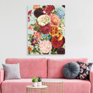 Grootschalige bloemen geel sinaasappel aqua-achter canvas afdruk