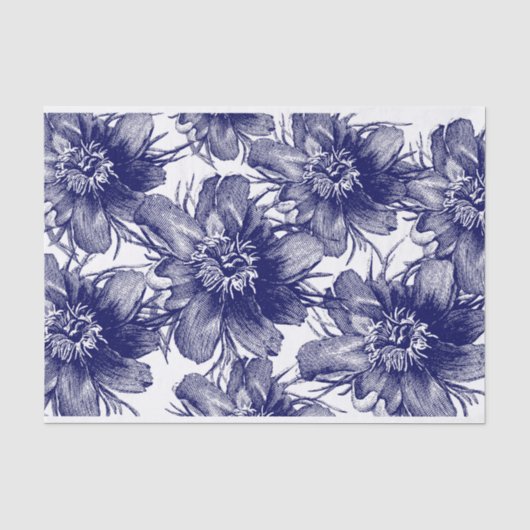 Grootschalige Blue Flower Line Art Decoupage Tissuepapier (Voorkant)