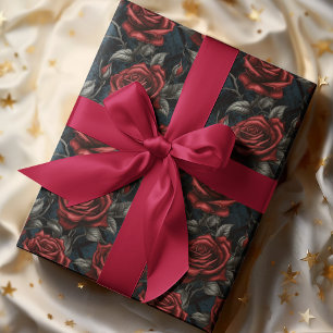 Grootschalige rode en groene Rozen Moody Dark Flor Cadeaupapier