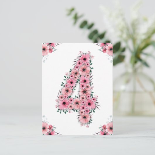 Grootse 4-jarige verjaardag roze bloemen groene ol briefkaart (Staand voorkant)