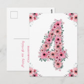 Grootse 4-jarige verjaardag roze bloemen groene ol briefkaart (Voorkant / Achterkant)
