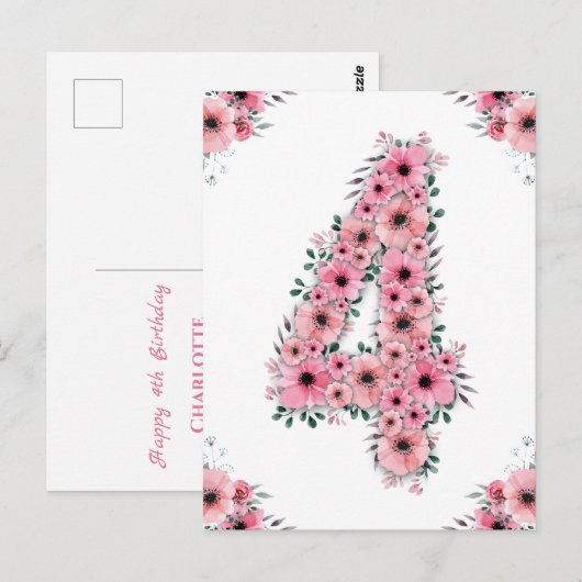 Grootse 4-jarige verjaardag roze bloemen groene ol briefkaart (Voorkant / Achterkant)