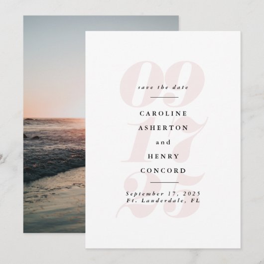 Grootse foto donkerroze save the date (Voorkant / Achterkant)