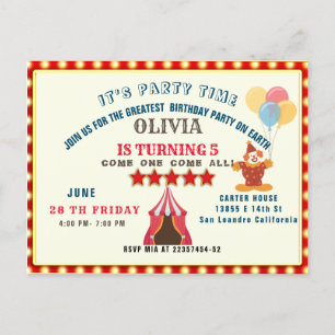GROOTSTE 5E VERJAARDAGSFEEST CIRCUS THEMA BRIEFKAART
