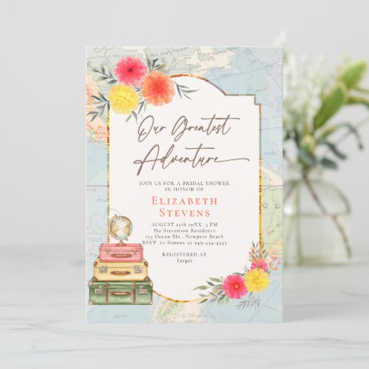 Grootste Avontuur Bloemen Wereldkaart Reizen Bruid Kaart (Staand voorkant)