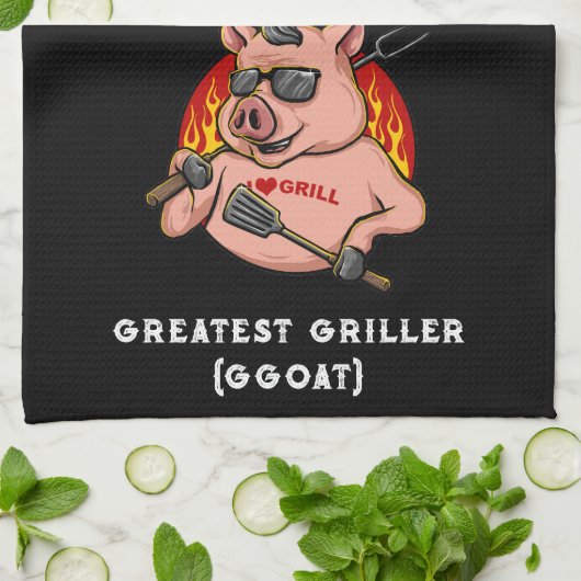 Grootste griller varken mascotte gepersonaliseerd theedoek (Gevouwen)