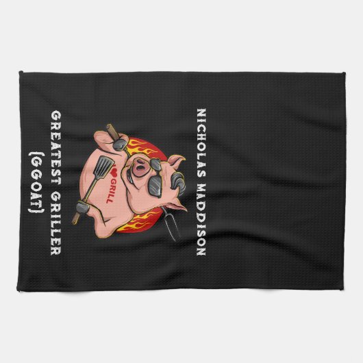 Grootste griller varken mascotte gepersonaliseerd theedoek (Horizontaal)