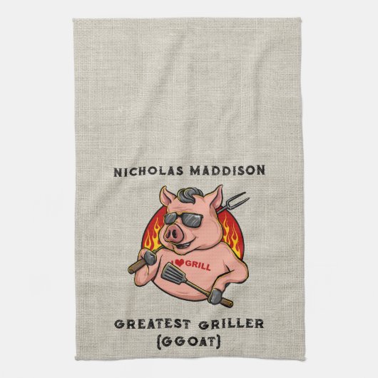 Grootste griller varken mascotte gepersonaliseerd theedoek (Verticaal)