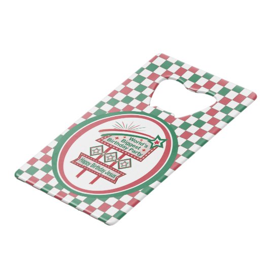 Grootste verjaardagsfeesttent ter wereld creditkaart flessenopener (Voorkant Gekanteld)