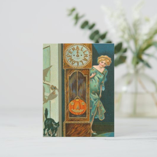 Grootvader klok zwarte kat heks pompoen briefkaart (Staand voorkant)