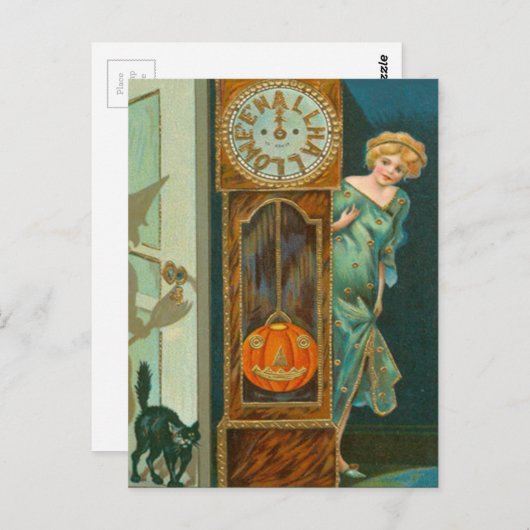 Grootvader klok zwarte kat heks pompoen briefkaart (Voorkant / Achterkant)