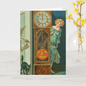 Grootvader klok zwarte kat heks pompoen kaart (Gele Bloem)