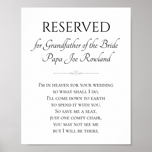 Grootvader van Bride Memorial Save a Seat Wedding Poster (Voorkant)