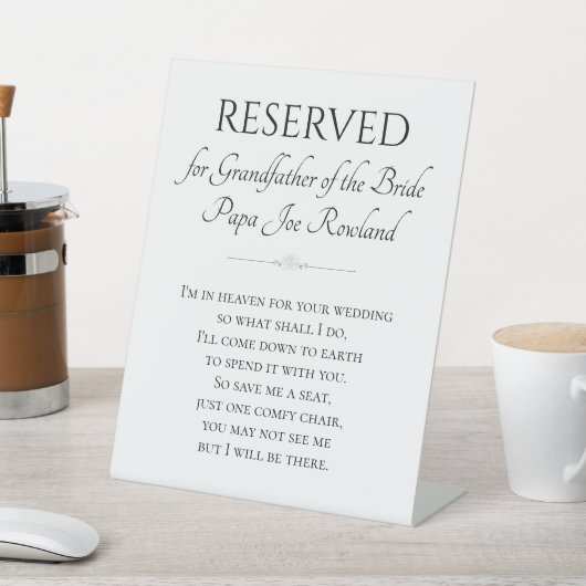 Grootvader van het Bride Memorial Poem Wedding Reclamebord Met Voetstuk (Insitu)