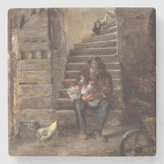 Grootvader zorgt voor zijn kleinzoon stenen onderzetter (Voorkant)