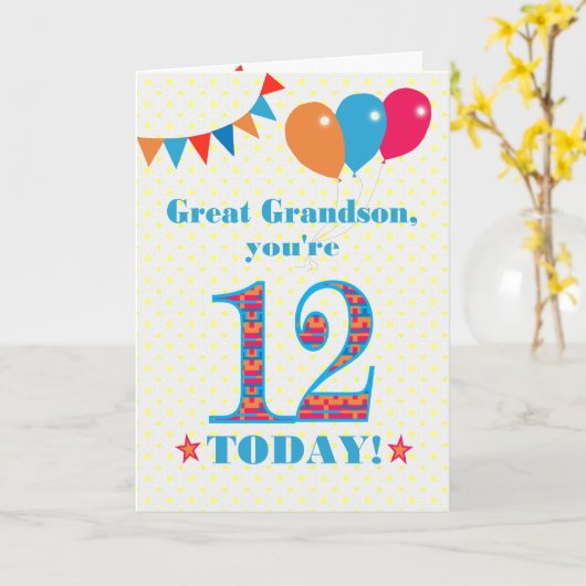 Grootzoon 12th Birthday Bunting Balloons Kaart (Gele Bloem)