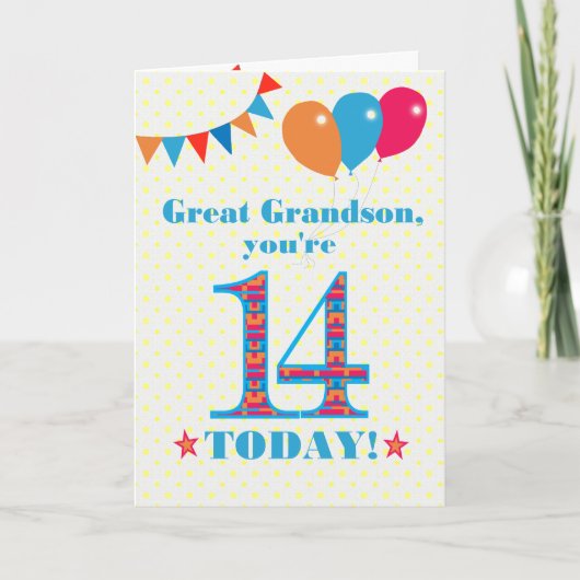 Grootzoon 14th Birthday Bunting Balloons Kaart (Voorkant)