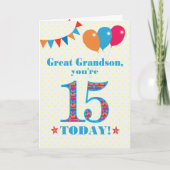 Grootzoon 15th Birthday Bunting Balloons Kaart (Voorkant)