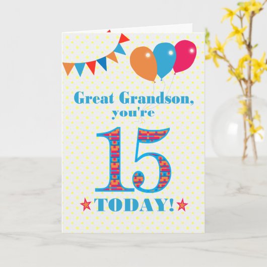 Grootzoon 15th Birthday Bunting Balloons Kaart (Gele Bloem)