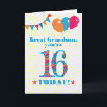Grootzoon 16th Birthday Bunting Balloons Kaart<br><div class="desc">Een kleurrijke verjaardagskaart voor een 16-jarige grootzoon, het grote getal 16 is gevuld met een oranje, rood en blauw patroon, geschetst in fel blauw. Er zijn ballonnen en springen bovenaan, in passende kleuren en de dekdekbegroet is: 'Grote kleinzoon, je bent vandaag 16!' in felrood en blauw letterschrift, op een zeer...</div>