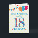 Grootzoon 18th Birthday Bunting Balloons Kaart<br><div class="desc">Een kleurrijke verjaardagskaart voor een 18-jarige grootzoon, het grote getal 18 is gevuld met een oranje, rood en blauw patroon, geschetst in fel blauw. Er zijn ballonnen en springen bovenaan, in passende kleuren en de dekdekbegroet is: 'Grote kleinzoon, je bent vandaag 18!' in felrood en blauw letterschrift, op een zeer...</div>