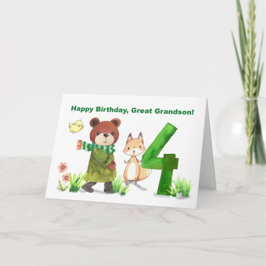 Grootzoon 4e Verjaardag Beer Fox Grote Vijf Kaart (Voorkant)