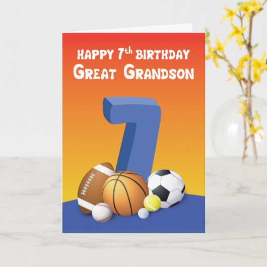 Grootzoon 7th Birthday Sports Balls Kaart (Gele Bloem)