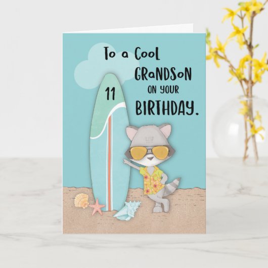 Grootzoon Birthday Beach Funny Cool Raccoon Kaart (Gele Bloem)