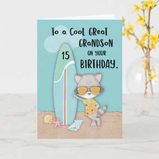 Grootzoon Birthday Beach Funny Raccoon Kaart (Gele Bloem)