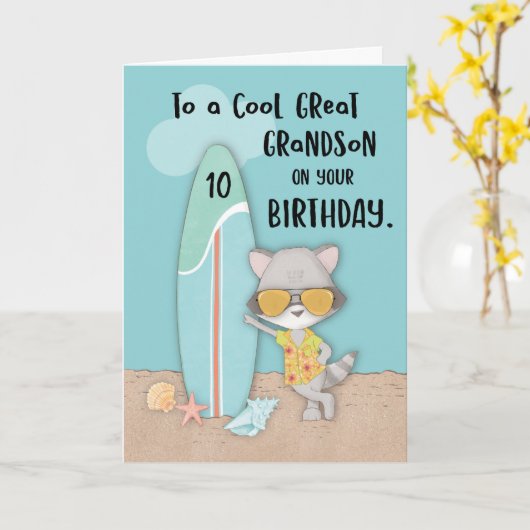 Grootzoon Birthday Beach Funny Raccoon Kaart (Gele Bloem)