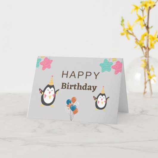 Grootzoon Blauwe Pinguïn 1e verjaardag Kaart (Gele Bloem)