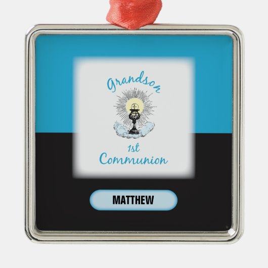 Grootzoon Eerste Communie, Blauwbekertje Metalen Ornament (Voorkant)