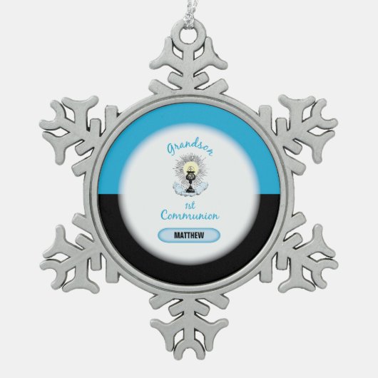 Grootzoon Eerste Communie, Blauwbekertje Tin Sneeuwvlok Ornament (Voorkant)