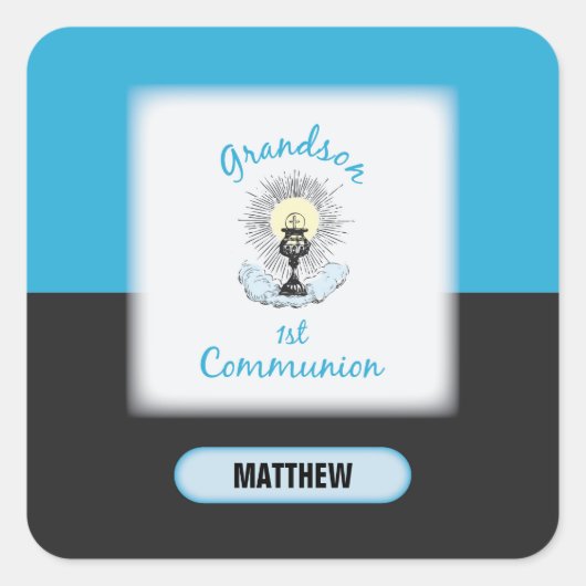 Grootzoon Eerste Communie, Blauwbekertje Vierkante Sticker (Voorkant)