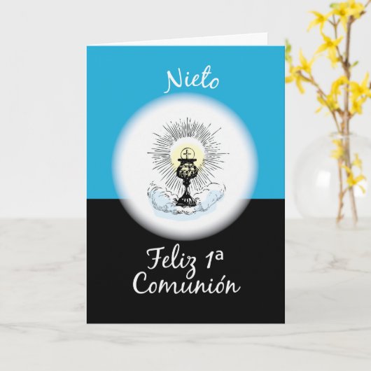 Grootzoon Eerste Communie, Spaans, Blauwbekertje Kaart (Gele Bloem)