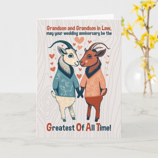 Grootzoon en echtgenoot Goats Gay Wedding Jubileum Kaart (Gele Bloem)