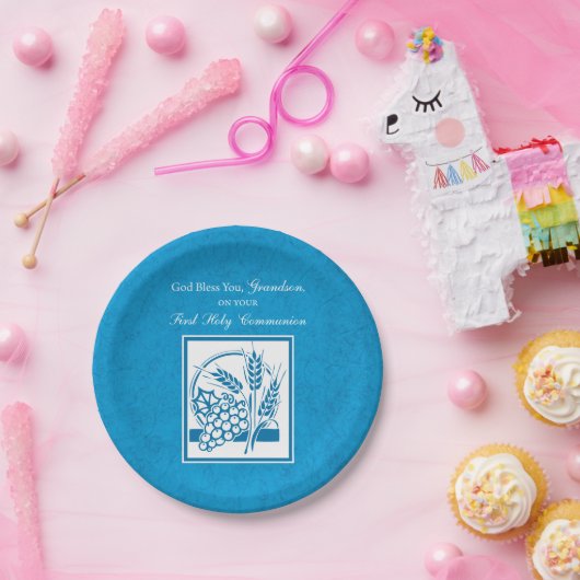 Grootzoon First CommunBlue, Tarwe, Grapes Papieren Bordje (Feest)