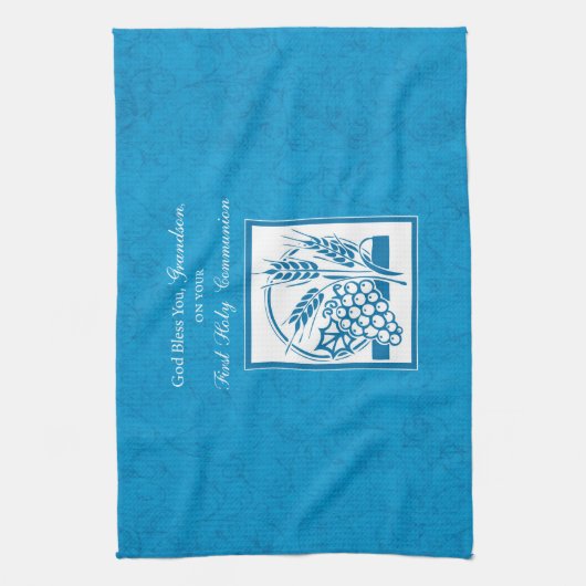 Grootzoon First CommunBlue, Tarwe, Grapes Theedoek (Verticaal)