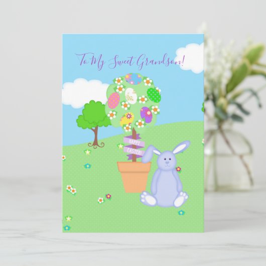 Grootzoon van de blauwe Bunny Feestdagenkaart (Staand voorkant)