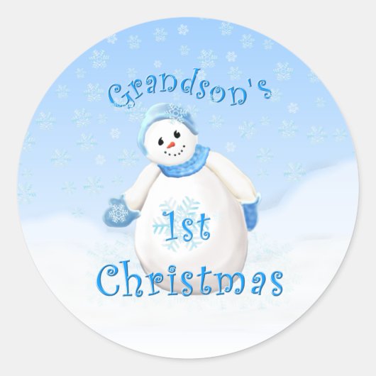 Grootzoon's eerste kerstman Snowman Ronde Sticker (Voorkant)
