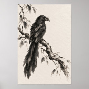 Groove-billed Ani op Gedraaide Tak Inkt Wash Illus Poster