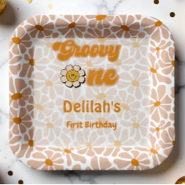 Groovy 1 retro  sinaasappel eerste verjaardag papieren bordje